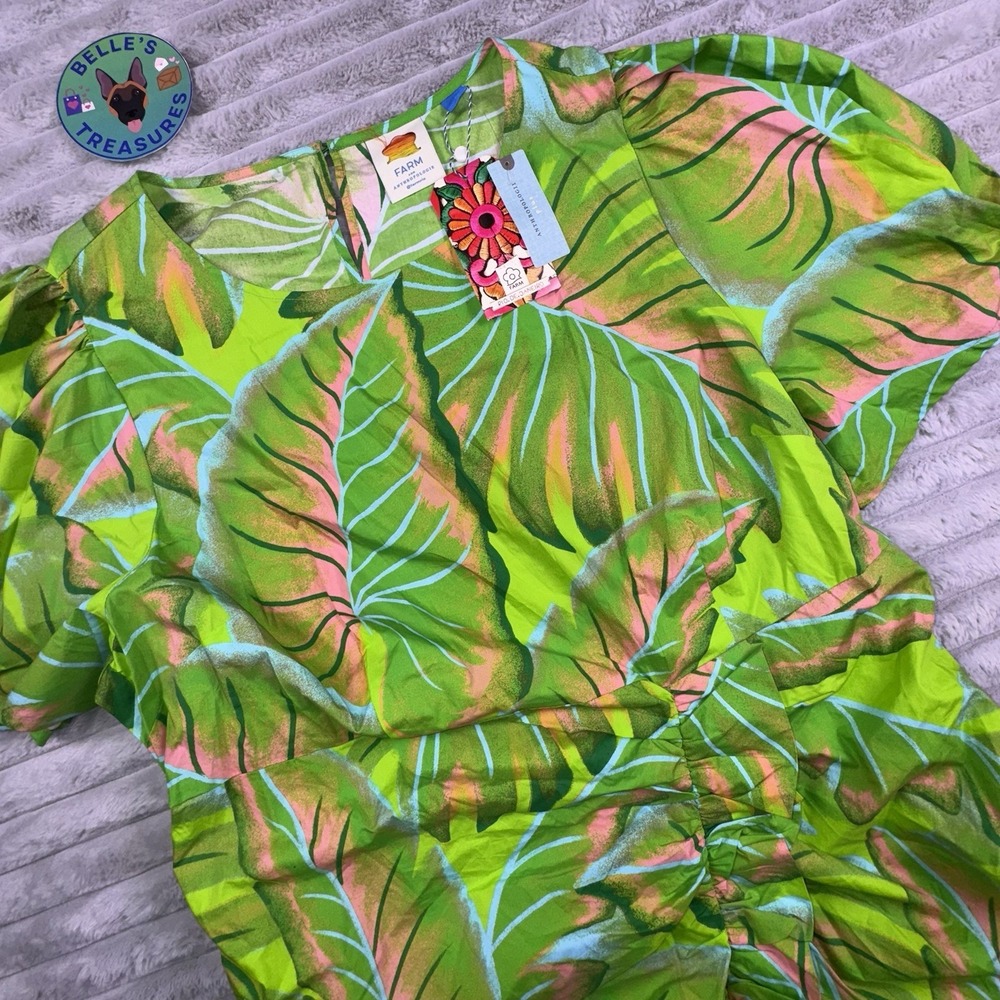 NWT FARM RIO 3XL Anthropologie Puff-Sleeve Mini Dress Lime Green Floral Ruffle - Picture 9 of 11